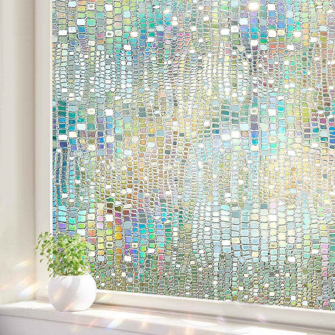 Window Privacy Film, Stained Glass Window Films 3D Rainbow Decorative Static Cling Iridescent Window Tint Heat Blocking Decals Covering for Home Door Vinyl 23.6" x 78.7"
