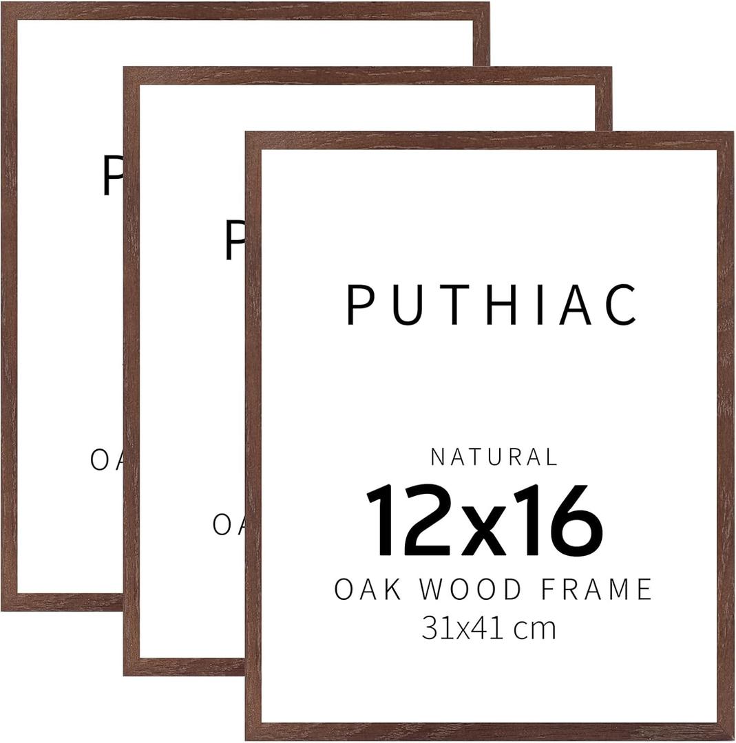 puthiac 12x16 Walnut Oak Wood Picture Frame - Minimalist 12x16 Poster Frame, 12"x16" Picture Frame Wood, Natural Solid Wooden Picture Frames for Wall Art Photo and Prints (3 Pack, Walnut)