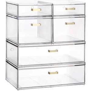 Stackable Storage Drawers, 6 Pack Clear Acrylic Organizer Bins with Golden Handles, Multi-Size Plastic Drawers for Makeup, Vanity, Kitchen, Bathroom, Office, Under Sink & Cabinet Organizatio