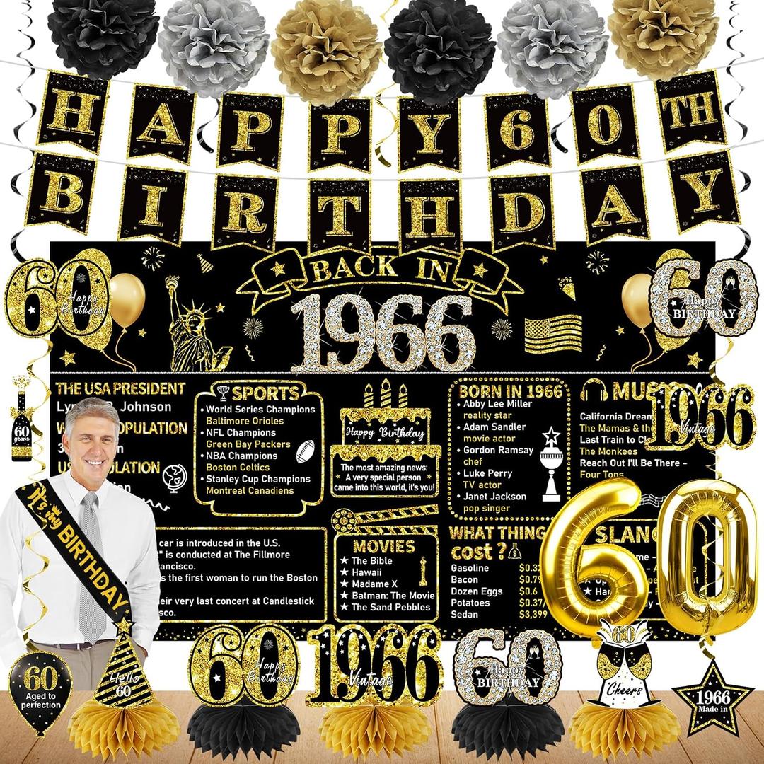 60th Birthday Decorations for Men Women, 21pcs the Year 1966 Banner Balloon Party Supplies, Black Gold 60 Year Old Birthday Backdrop, 60 Bday Honeycomb Centerpiece Hanging Swirls Sash Gifts