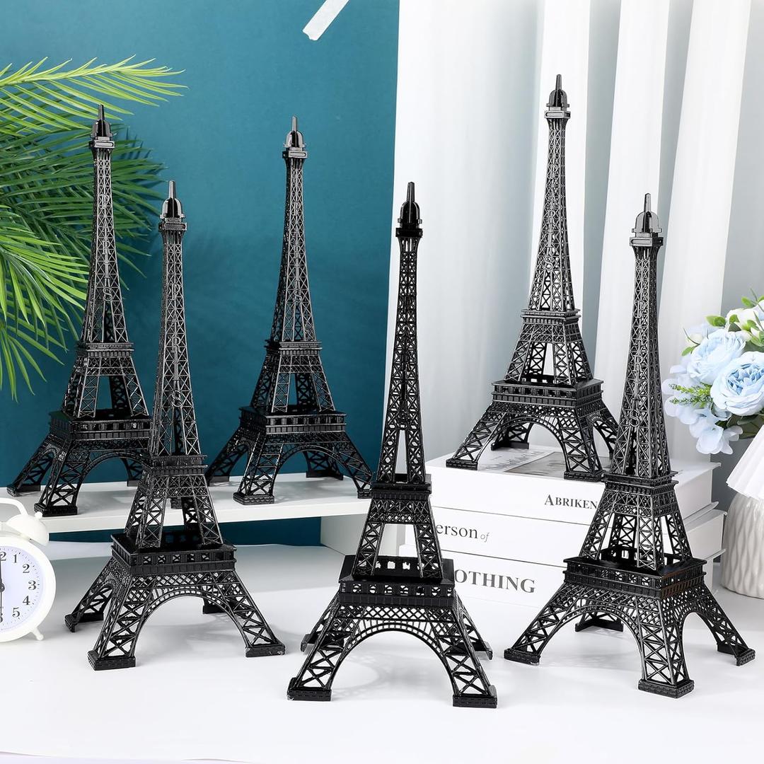 Therwen 6 Pcs 15'' Eiffel Tower Statue Decor Alloy Metal Paris French Eiffel Tower Model Collectible Figurine Paris Craft Art Statue Model Party Decoration Gift for Cake Topper(Black)