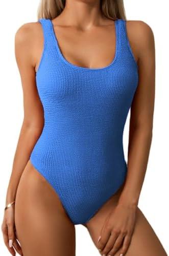 Limeeke Women One Piece Swimsuit Solid Ribbed Monokini Swimwear Scoop Neck Low Back Bathing Suit, M
