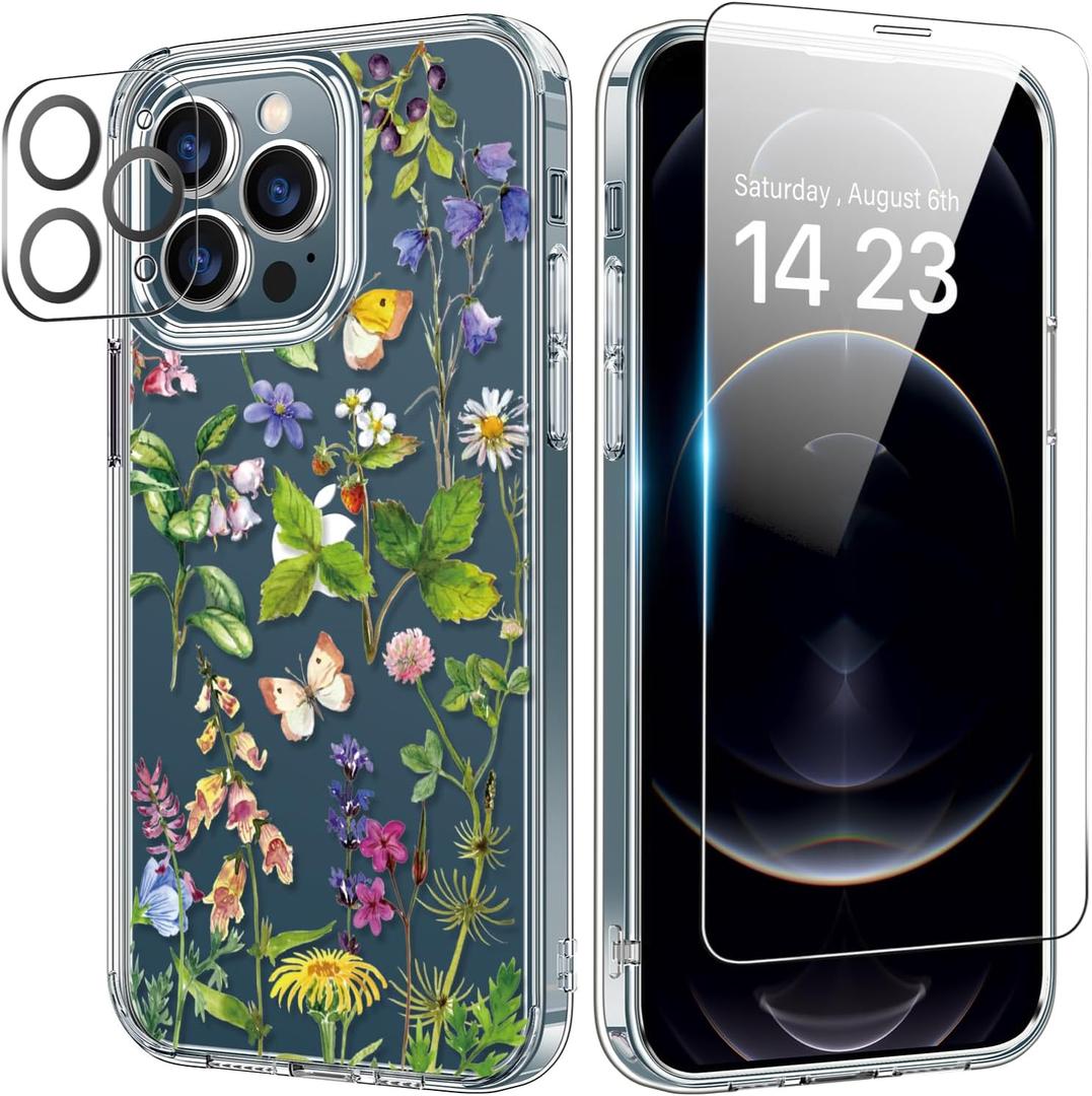bicol for iPhone 12 Pro Case with Screen Protector and Camera Lens Protector - Fashionable Flower Floral Designs for Women Girls - Shockproof Acrylic Clear Phone Cover 6.1" - Butterfly Flowers