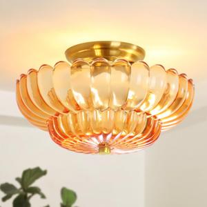 Semi Flush Mount Ceiling Light Fixture Vinatge Gold Ceiling Lights Mid Century Modern Orange Glass Close to Ceiling Lighting Fixtures for Bedroom Hallway Foyer Bathroom Kitchen Laundry Room Nursery (11.8inch)