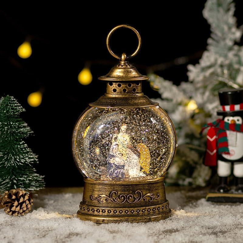 Christmas Nativity Snow Globe, Nativity Musical Snow Globe Lantern Lights with USB Powered, Retro Style Holiday Glitter Globe for Xmas Home Decoration Holiday