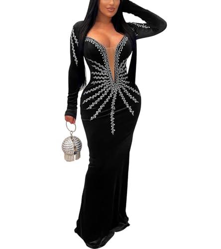 PORRCEY Women's Sexy Elegant Rhinestone Long Sleeve Velvet Maxi Dress Party Club Evening Gown(6827,Black,L)