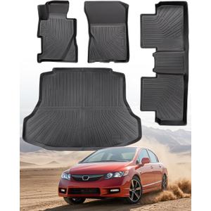 Car Floor Mats for Honda Civic: 2006 2007 2008 2009 2010 2011 All Weather Rubber Black Trunk Liner Full Set Mats Fit for 5-Seat 8th Gen Civic Si Sedan (Not Fit Coupe) TPE Cutsom Automotive Accessories