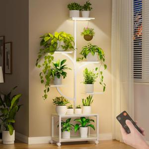 Plant Stand Indoor with Grow Lights, 60" Tall 7-Tier Metal Plant Stand with Wheels & Tree-Shaped Design for Indoor Plants, Flower Holder Display Rack for Home, Patio - White 