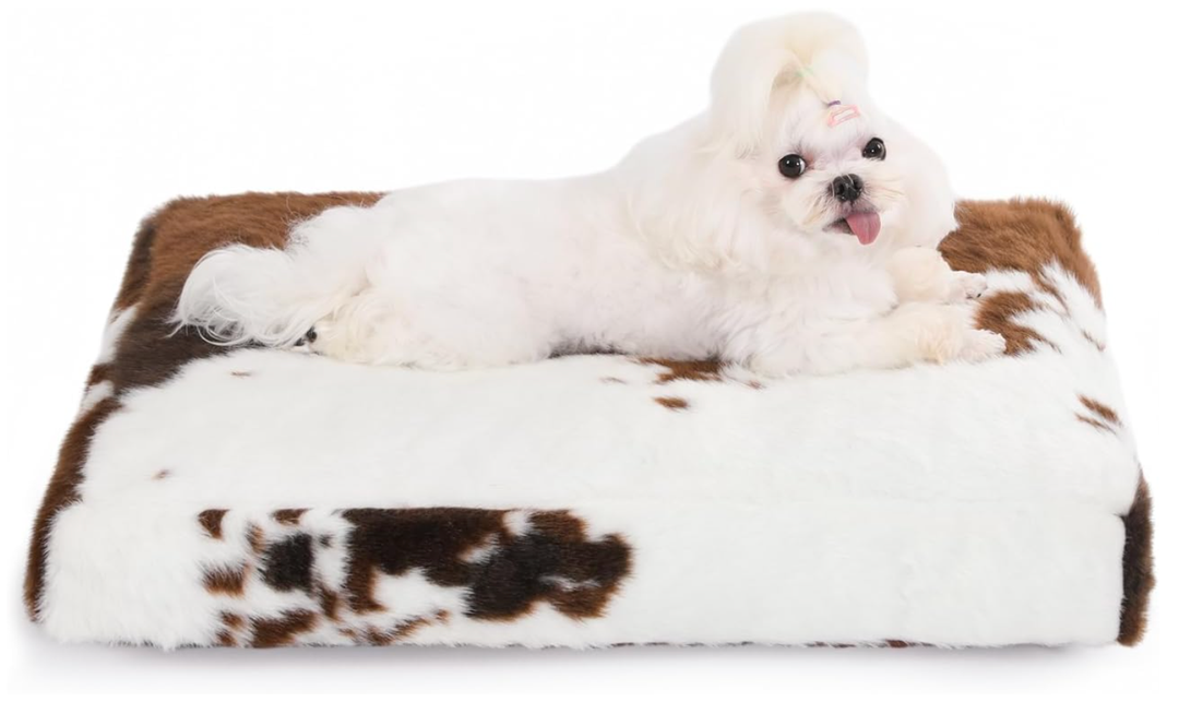 Bedfolks Waterproof Crate Bed, Plush Dog Kennel Pad with Removable Washable Cover, Faux Fur, Fluffy 35"x23", Cow Print