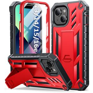 SOiOS for iPhone 13/14/15 Phone Case: for iPhone 16e Protective Cover with Built-in Kickstand | Heavy Duty Military Grade Hard Protection Shock Proof | Durable Dual-Layer Design Red