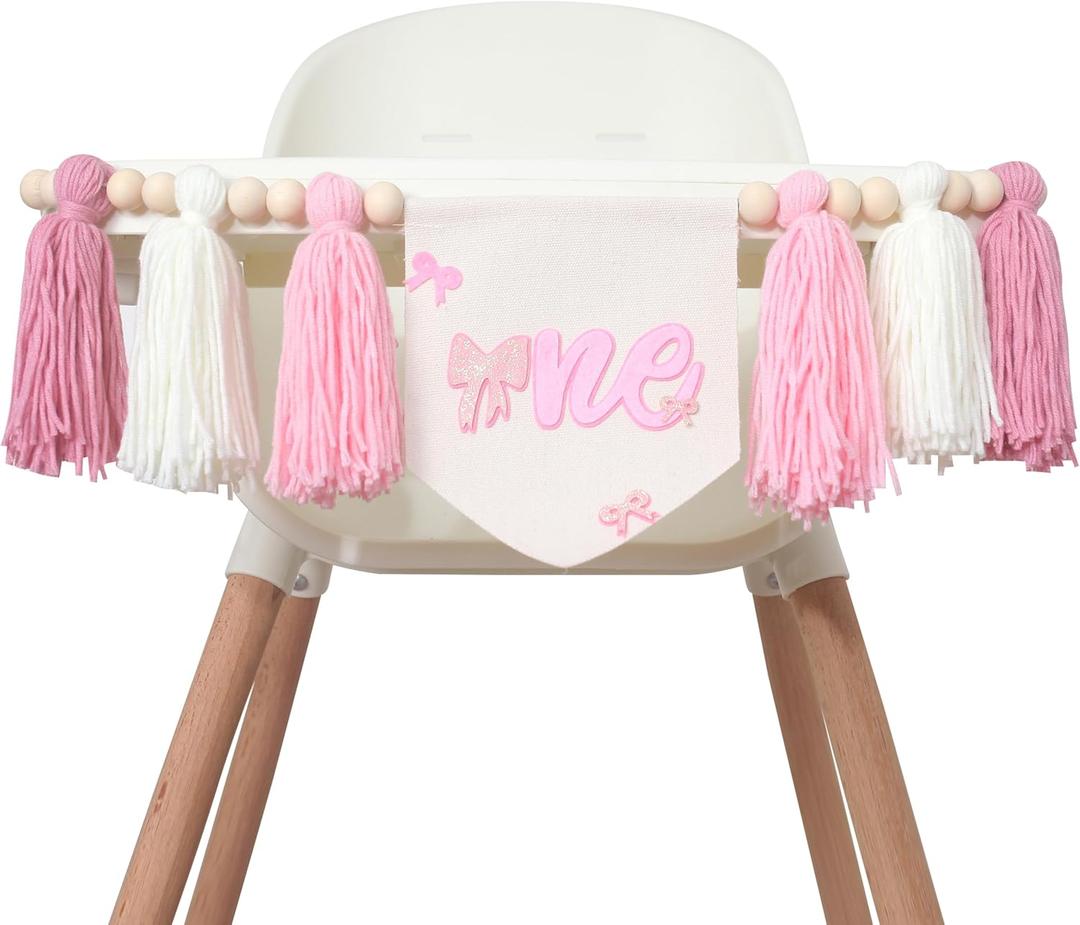 First Birthday High Chair Banner, Pink and White Tassel Garland with Bow Design, Baby Girl Party Decoration