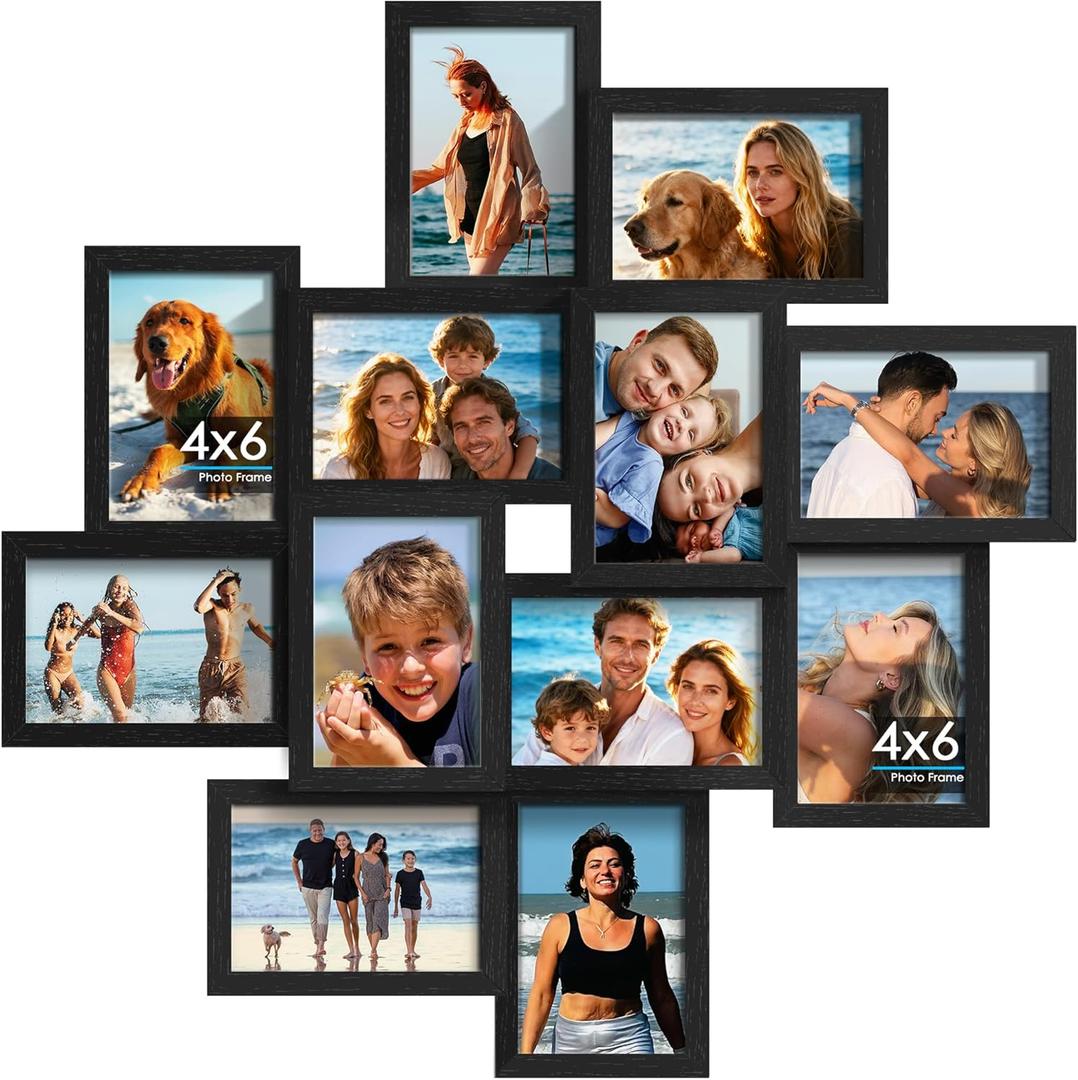 4x6 Collage Picture Frames, 12-Pack Solid Wood Photo Frame, Picture Frames Collage Wall Decor, Set with Glass Front, Assembly Required, Black