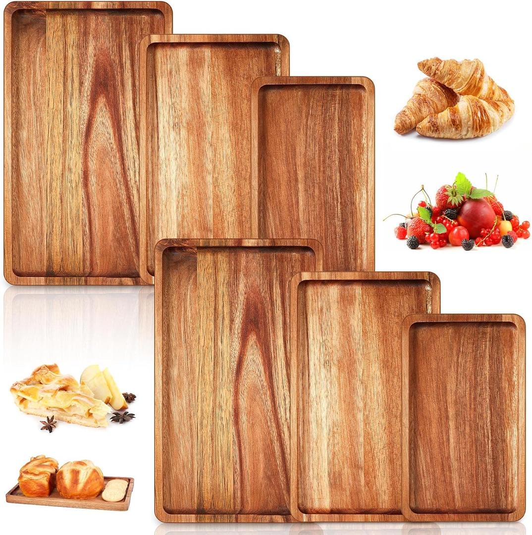 Qunclay 6 Pcs Acacia Wood Serving Trays Wooden Plates for Food 3 Sizes Rectangular Serving Platter Set Natural Wooden Boards Cheese Platters for Bar Coffee Home Party(13.4x7.9/11.8x7.1/9.8x5.9 In)