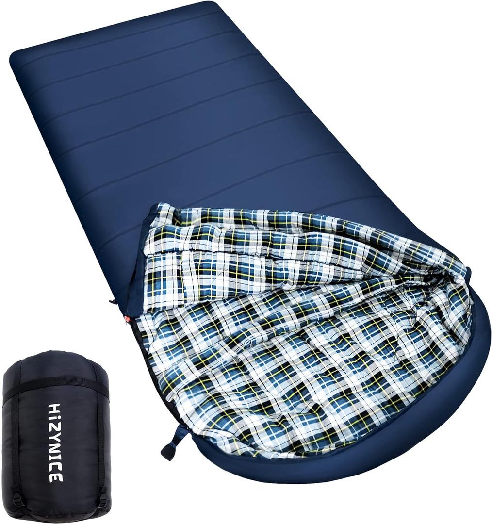0 Degree Sleeping Bag 100% Cotton Flannel XXL for Adults Big and Tall Cold Weather Winter Zero Degree Camping,Free Compression Sack (90" x 39" Right Zip)