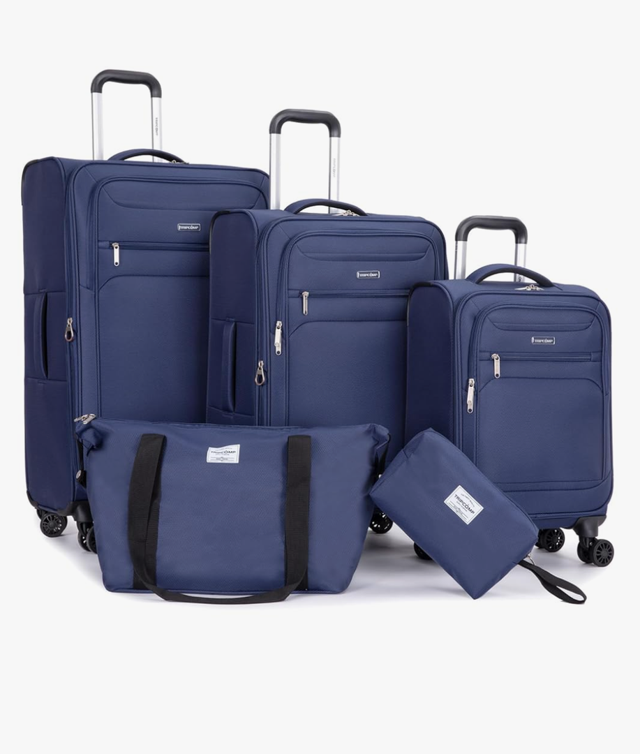 Luggage Sets 5 Piece Softside Expandable Suitcase sets With Spinner Wheels Duffel Bag And Toiletry Bag, Lightweight Carry-On And Checked Luggage (10" 16" 18" 23" 27"), Blue