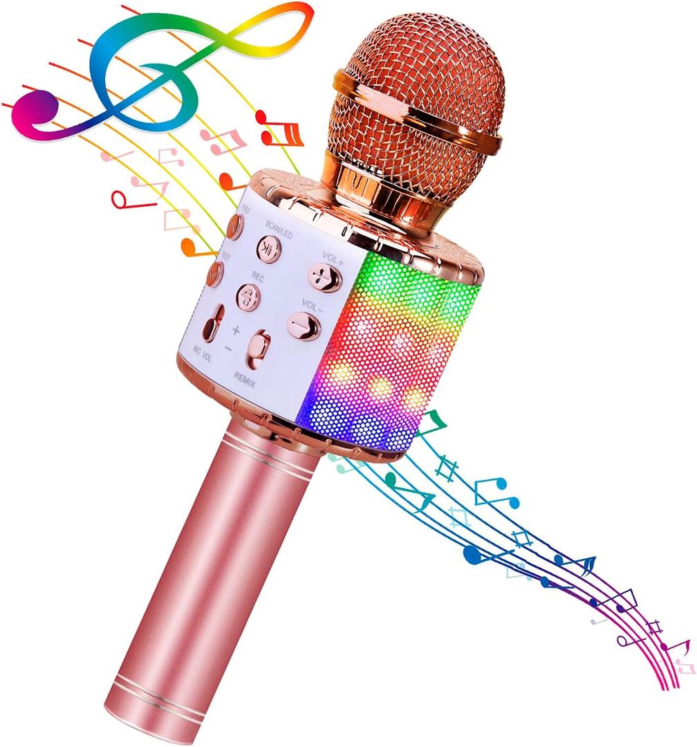 BlueFire 4 in 1 Karaoke Wireless Microphone with LED Lights, Portable Microphone for Kids, Great Gifts Toys for Kids, Girls, Boys and Adults (Pink)