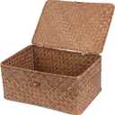 FEIALNDUO Wicker Shelf Baskets with Lid,Seagrass Storage Basket Bins Rectangular Handwoven Basket Boxes for Shelves Desktop Home Organizer (Coffee, Large)
