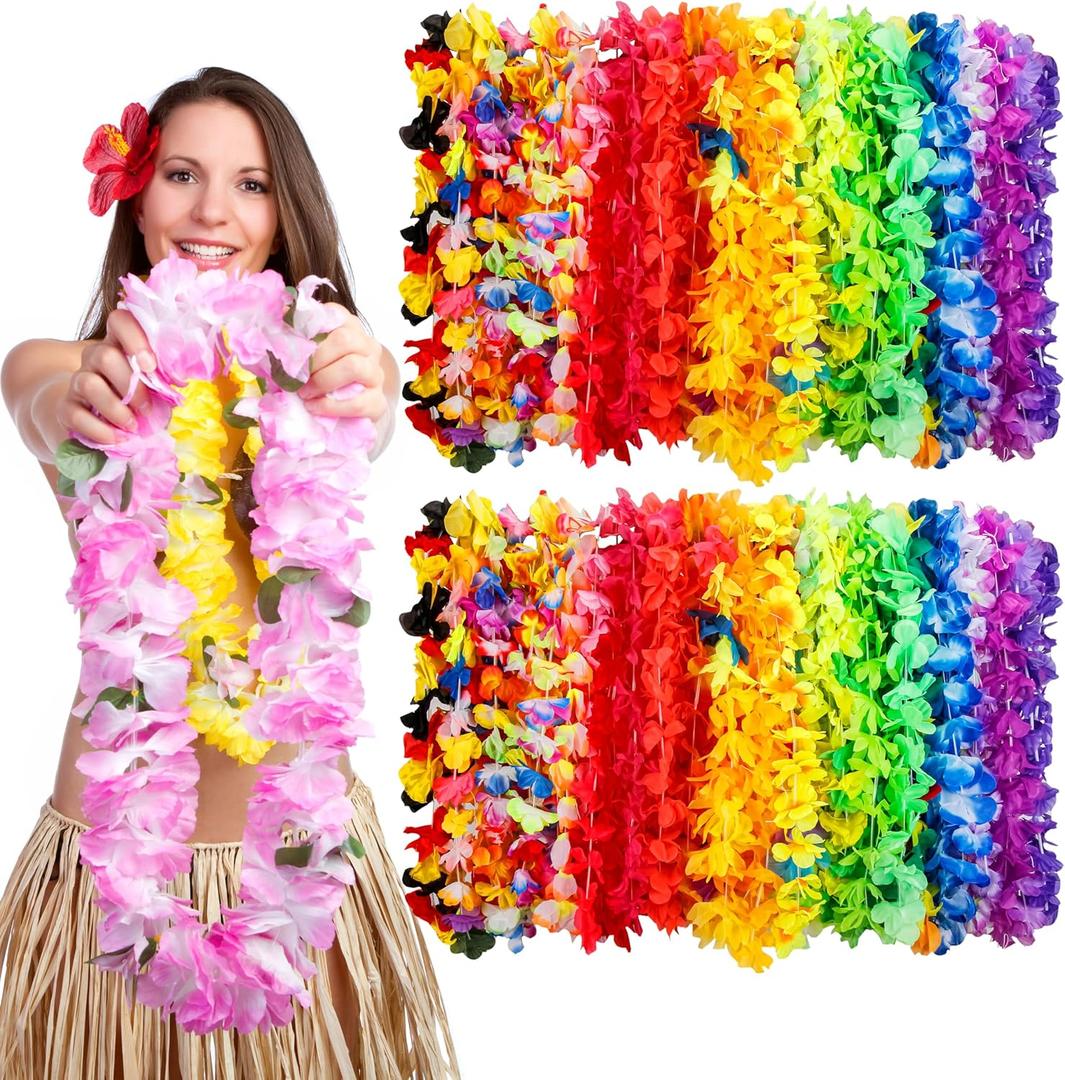 Hawaiian Lei Bulk, Tropical Luau Hawaii Theme Silk Flower Necklace for Beach Holiday Wedding Birthday, Aloha Summer Supplies