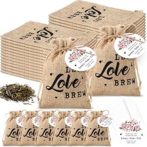 Fumete 30 Sets Bridal Shower Party Favors for Guests Bulk Let Love Brew Tea Bags Burlap Bag with Thank You Cards Bridal Shower Thank You Gift Wedding Souvenirs, No Tea