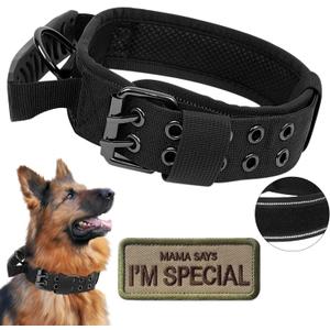 Tactical Dog Collar with Handle - Military Adjustable Dog Training Collar Soft Nylon and Heavy Duty Metal Buckle for Medium Large Dogs - with Patch (Black with Patch, X-Large)