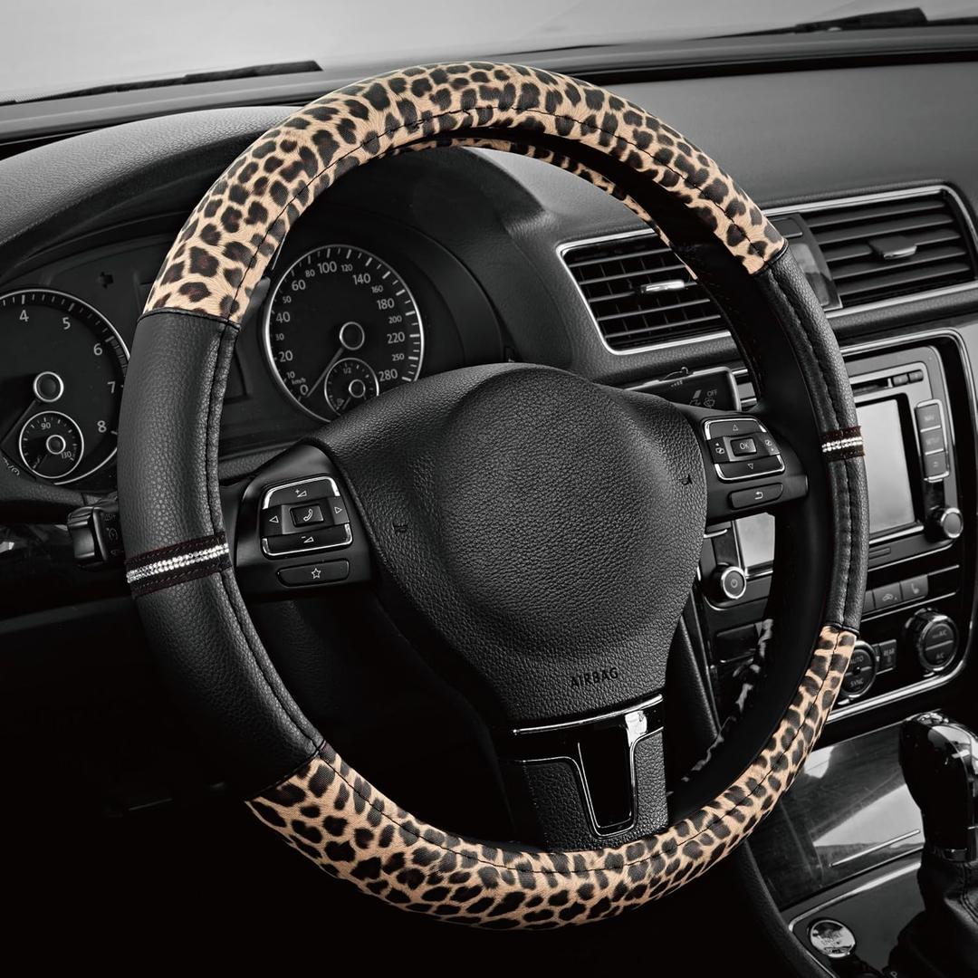 Road Comforts Leopard Steering Wheel Cover - Made with PVC Leather Cheetah Print - Anti-Slip, Universal Fit 14 1/2 inches to 15 inches - Black
