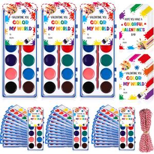 Sabary 18 Pack Valentine Watercolor Paint Sets Valentine's Day Washable Watercolor Paints with Gift Cards and 20 Meters Rope for Classroom Exchange Gifts Valentine Party Favors Art Activities