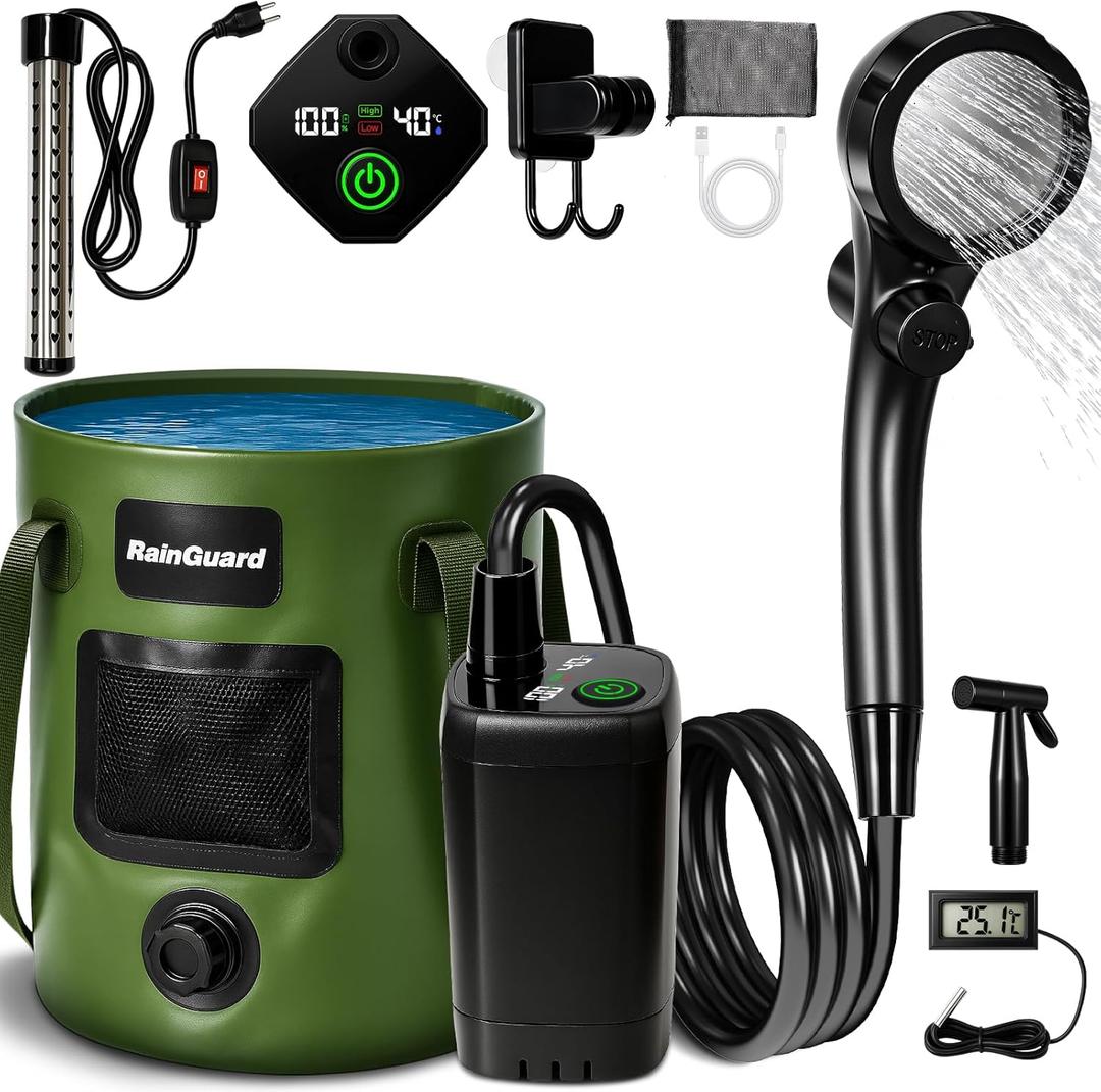 Portable Shower for Camping, 6000mAh Rechargeable Camp Shower Pump with Large Capacity Foldable Bucket, Filtered Shower Head, Outdoor Camping Shower Kit for Travel, Pet Bath, Car Washing (Green)
