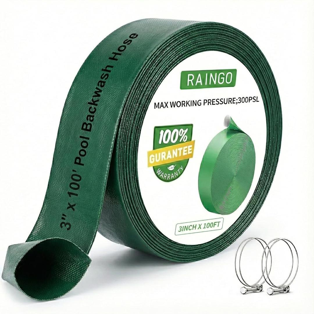 USTAR 3" x 100 FT Pool Backwash Hose, Heavy Duty Pool Drain Hose Reinforced 3-Layer PVC Lay Flat Discharge Hose with Clamps,High Pressure Burst Proof,Weather & UV Resistant Sump Pump Drain Hose
