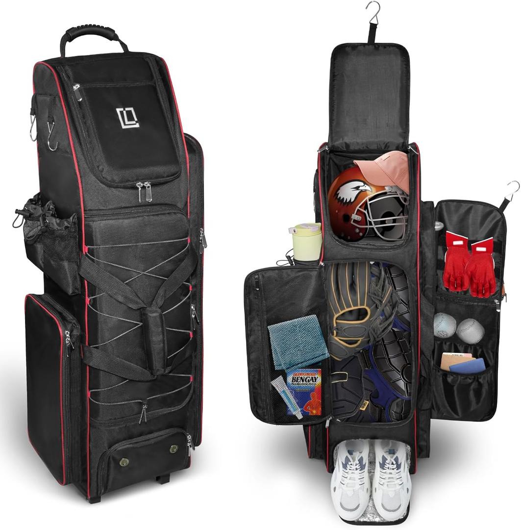 LIWSHWZ Rolling Baseball Bag,71L Capacity Catchers Bag for 7 Bats with Separate Shoe Space,Wheels Baseball Equipment Bag with Fence Hook and Multiple Pockets for Baseball Glove,Bat,Helmet