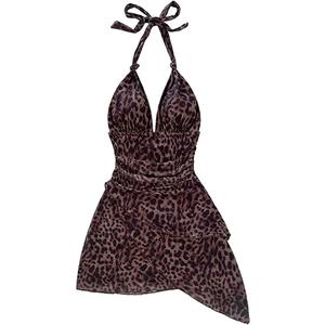 SOLY HUX Women's Sexy Tie Dye Print Halter V Neck Mini Dress Retro Backless Fitted Bodycon Dresses (Dark Brown Leopard, XS)