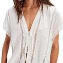 Women Y2k Sheer Lace Trim Button Up Tank Tops Cute Front Tie Up V Neck Going Out Blouse Shirts Vest Summer (White, L)