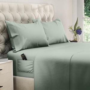 DREAMCARE Full Size Sheets Set - 4 Pcs Cooling Bed Sheets with Up to 15" Deep Pockets - Soft, Long-Lasting 100% Brushed Polyester with Side Pocket (Sage Green)