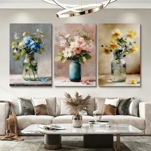 Azartslr Flower Canvas Wall Art, Farmhouse Rustic Blue Floral Art Prints For Living Room, Vintage Pink Bathroom Botancial Painting Poster, Yellow Plants Picture Kitchen Bedroom Decoration