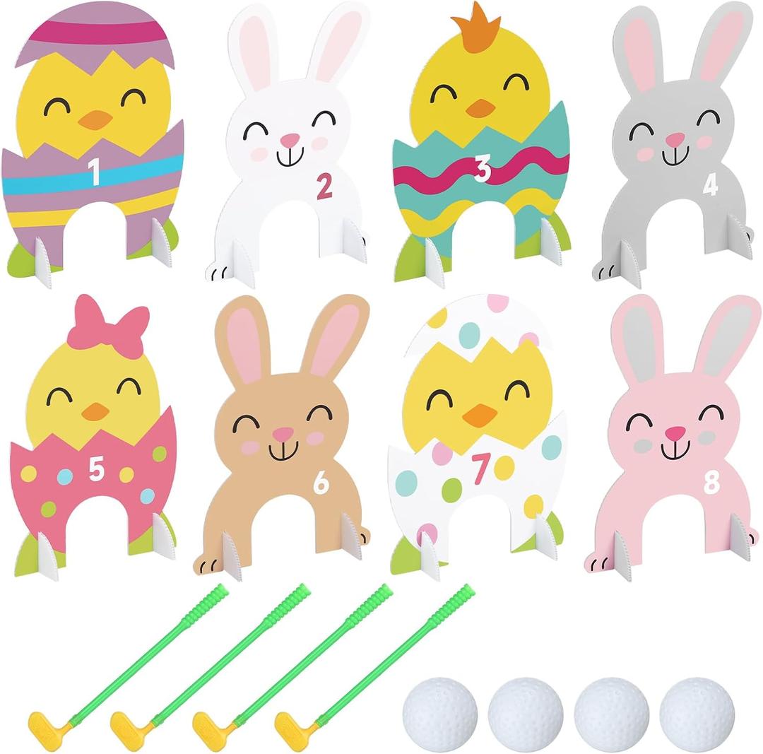 Seenelling Easter Golf Game Mini 17 Pcs Include 8 Bunny and Chicks Green Per Set 4 Putters 4 Balls for 4 Players to Play Easter Yard Game Party Supplies Indoor Outdoor Mini Golf Kit Sets