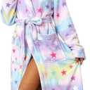 RONGTAI Womens Robes Plush Fleece Print Star Hooded Bathrobe Thick Nightgown with Pockets Fluffy Sleepwear Large, Star