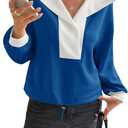 Fisoew Womens Cropped Oversized Sweatshirt Casual Lapel V Neck Long Sleeve Contrast Drawstring Loose Fit Fall Pullover Tops (Large, Blue)