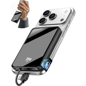 Golioklsy Portable Charger Power Bank, 10000mAh Phone Charger with Built-in Cable, 20W PD Fast Charging, Slim Battery Pack with LED Display, Travel Essential for iPhone 17/16/15/14 All Series, Black