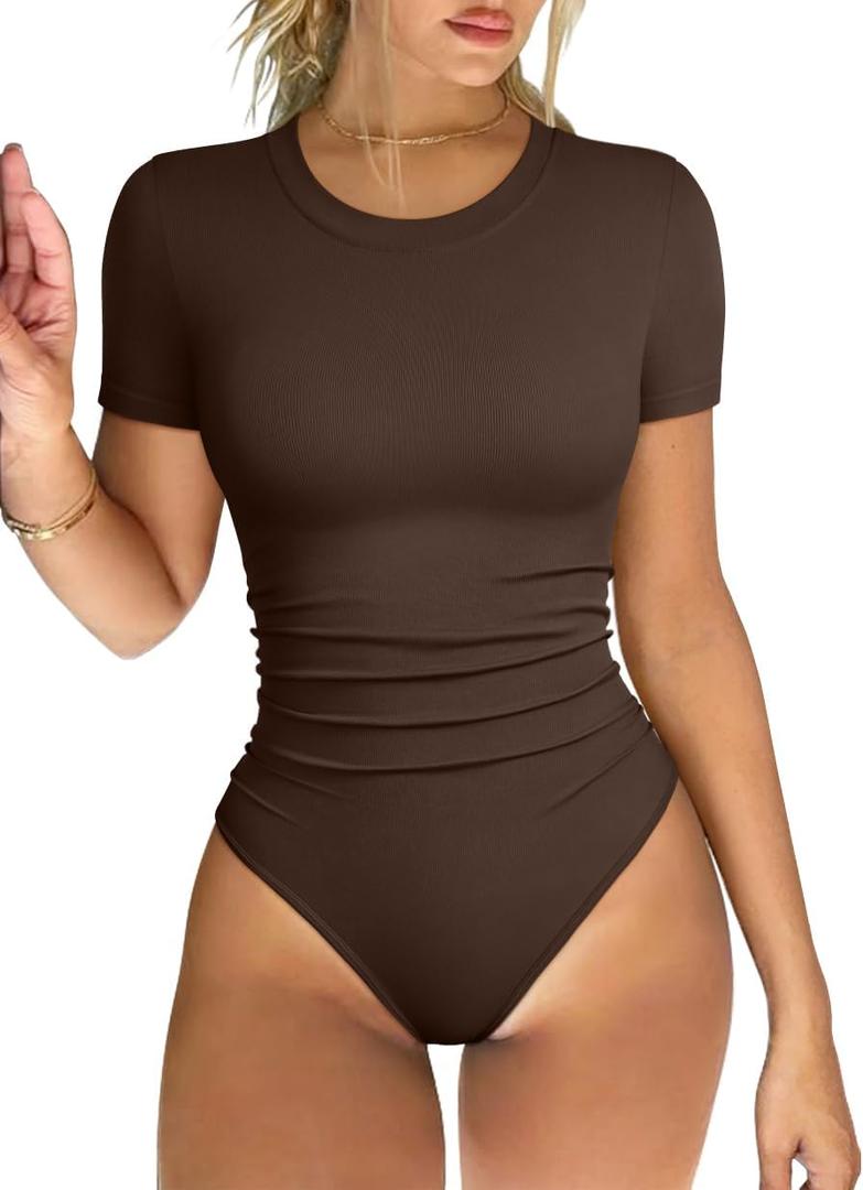 OQQ Women's Crew Neck Short Sleeve Bodysuit Ruched Stretch Vacation Basic for Tops Spring & Summer (Medium, Darkbrown)