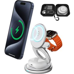 3 in 1 Charging Station for Apple Magsafe Travel Charger for Multiple Devices Aluminum Foldable Magnetic Wireless Charger with 360 Rotating for iPhone 17/16/15/14/13/12 Series,for iWatch,for Airpods (White)