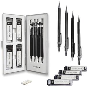 MozArt Mechanical Pencil Set with Case - 4 Sizes: 0.3, 0.5, 0.7 & 0.9mm with 30 HB Lead Refills Each & 4 Eraser Refills -Sketch, Drafting, Art, Drawing Supplies (Black)