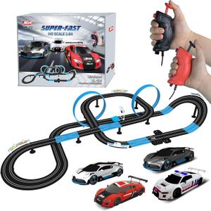 AGM MASTECH Slot Car Race Track Set, High Speed Series Tram Dual Track Set with 4 Licensed Racing Slot Cars, 2 Hand Controls, Track Parts and Lap Counter, 8.4M Long Track, Color Box