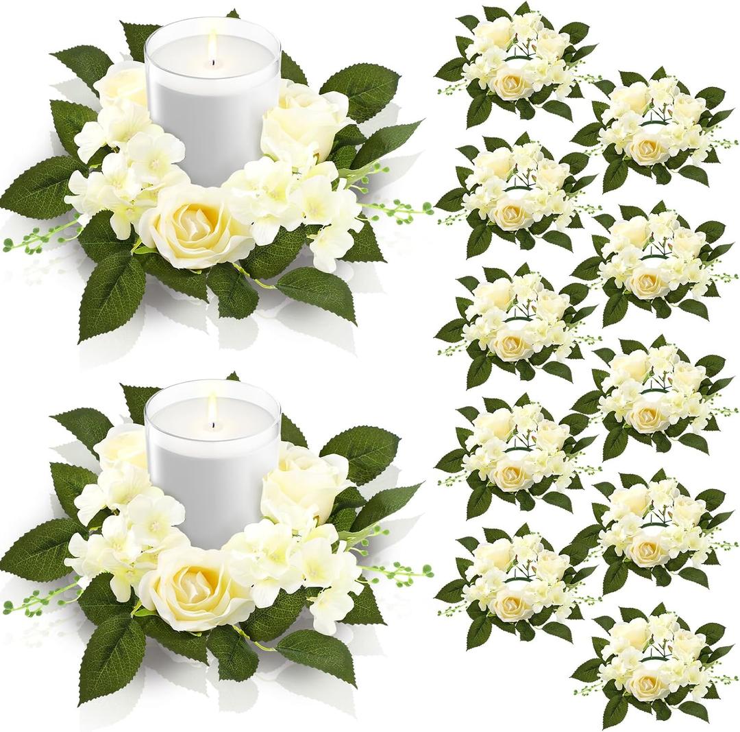 Jutom 12 Pcs Wedding Rose Candle Rings Artificial Floral Wreaths with Green Leaves Flower Candle Rings Candleholders Garland for Pillar Centerpiece Party Table Decor, 3.94'' Inner Diameter, White