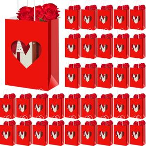 Gilprop 24 Pcs Mother's Day Paper Gift Bags with Heart Clear Window and Handles, Red Pink Treat Bags Bulk for Wedding Favor, Bridal Shower Party Packaging for Candy Cookies Cosmetics (Red)