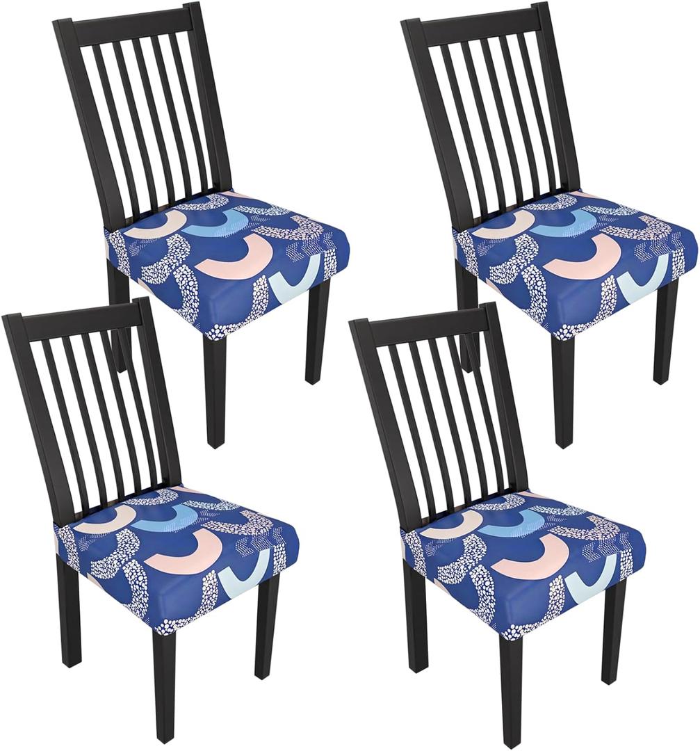 Stretch Dining Chair Seat Covers Set of 4,Dining Chair Slipcovers, Floral Printed Chair Covers,Soft Fabric Washable Upholstered Chair Seat Protector, No Rear Covers for Home Kitchen Dining Room (B-geometric Semicircles)