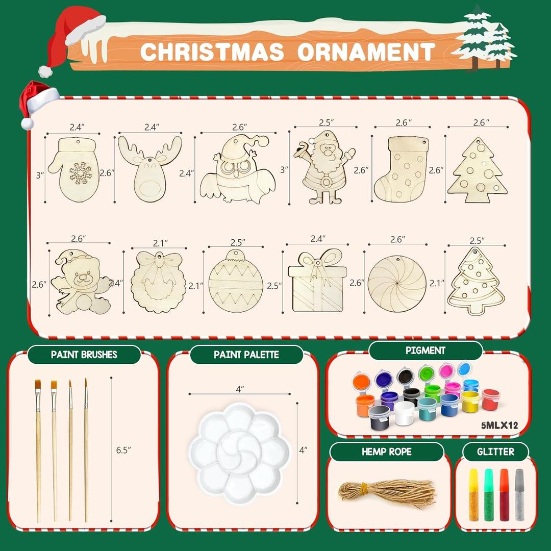 OCHIDO 36 Pcs Wooden Christmas Ornaments for Hanging Decorations,12 Styles Unfinished Wooden Slices with Holes for Paintable Crafts,Kid DIY Craft Gift Toys with Paint Set for Girls and Boys Ages 512