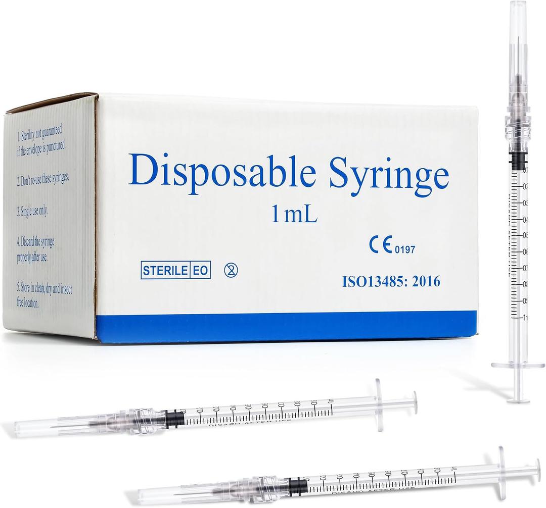1 mL Syringes with Needle 27 Gauge 1/2 inch - 1cc Luer Lock Syringe, 100 Pack Individually Wrapped - Perfect for Essential Oils, Ink Refilling, Glue & Lab Research