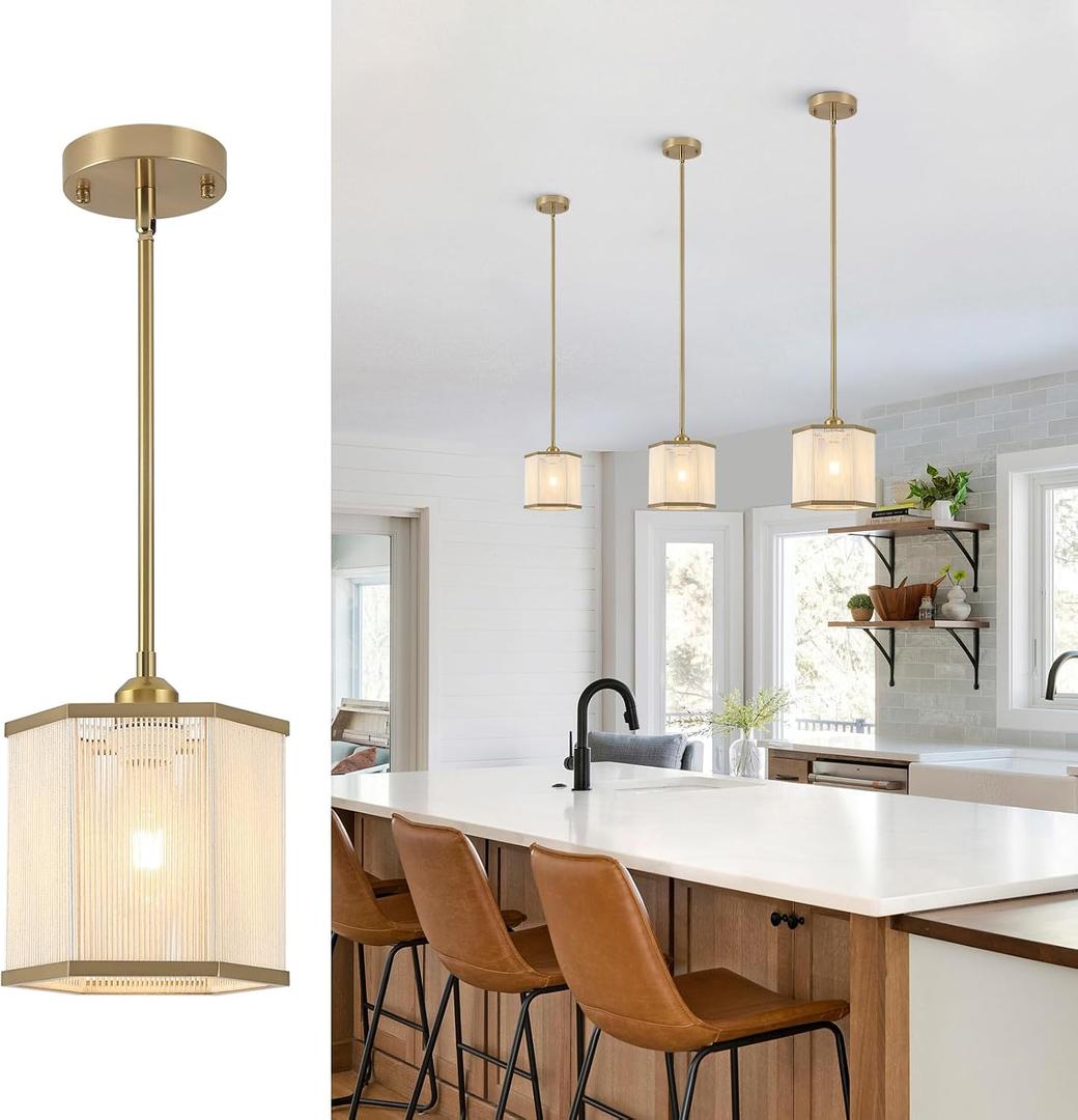 3-Pack Modern Gold Rattan Pendant Light Fixtures, 7.67" Hand-Woven Hexagonal Island Lighting, Boho Hanging Pendant for Kitchen Island, Dining Room, Hallway, E26 Base