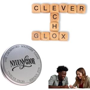 Crossword Solitaire Dice Game, Q Missing Word Spelling Origin Dice Games, q Absent Less Wooden Letter Tiles Board Games for Camping,with Metal Case & Pouch (Silver)