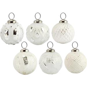 AuldHome Design Farmhouse Ball Ornaments (Set of 6, White); Distressed Metal Glass Ball Vintage Style Christmas Decorations