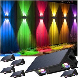 Fence Lights Solar Powered, 6-Pack Solar Fence Lights Up/Down Flexible Buttons, IP67 Waterproof for Outdoor, 100LM Bright, Auto Dusk to Dawn for Wall/Stairs/Yard/Railing/Deck/Pathway (White & RGB)
